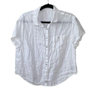 White Linen Button Front Short Sleeve Blouse S